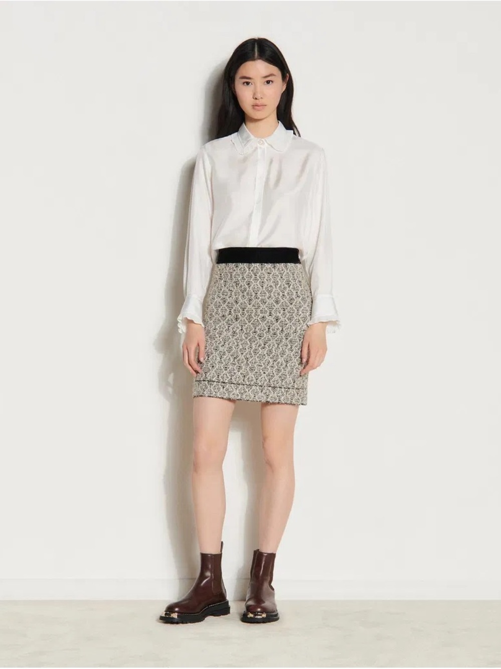 NWT - Sandro Jacquard Patterned Tweed Knit Mini Skirt Cream/Black/ Gold Size XL
